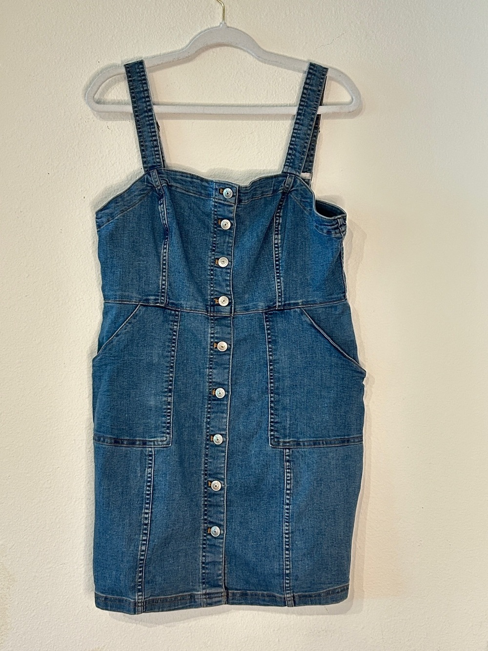 Divided Blue Denim Button-Front Pinafore Dress
